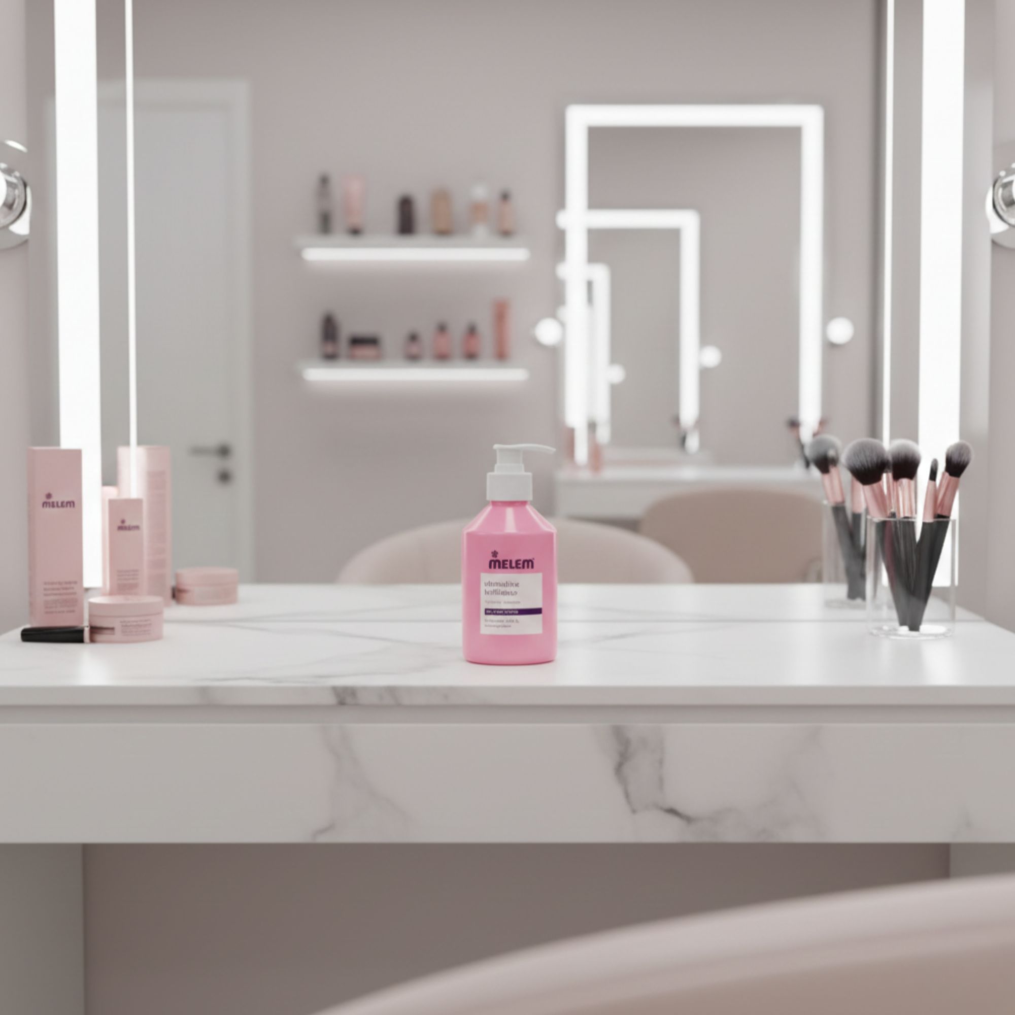 Flacon de shampooing rose avec pompe blanche sur une coiffeuse. Miroirs et produits cosmétiques en arrière-plan.