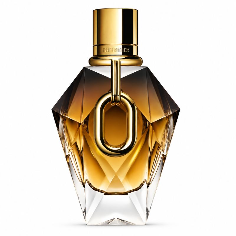 Rabanne 1 Million Gold for Her parfumfles in diamantvorm met gouden dop en hanger.