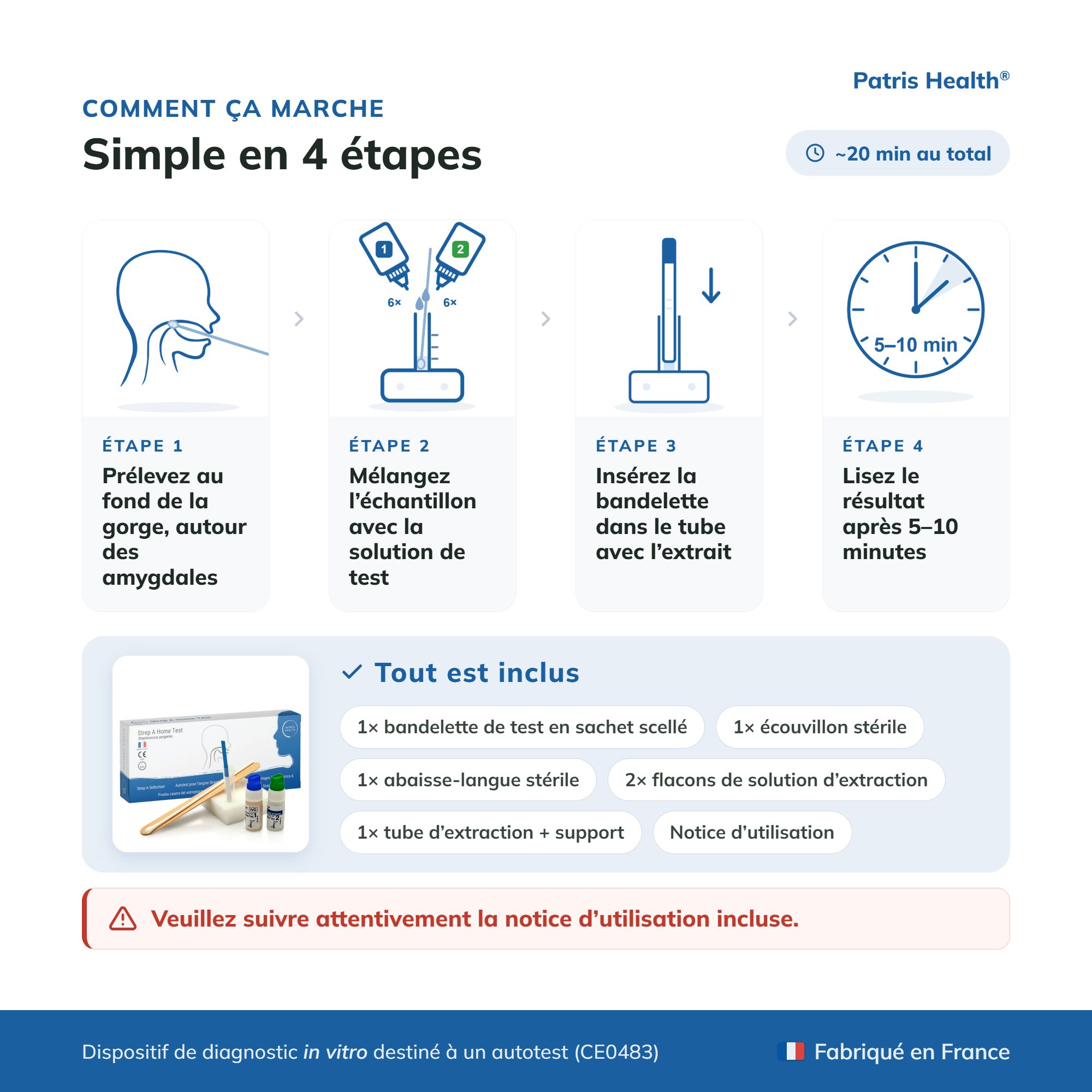 Page française expliquant le fonctionnement du test rapide Strep A Patris Health.