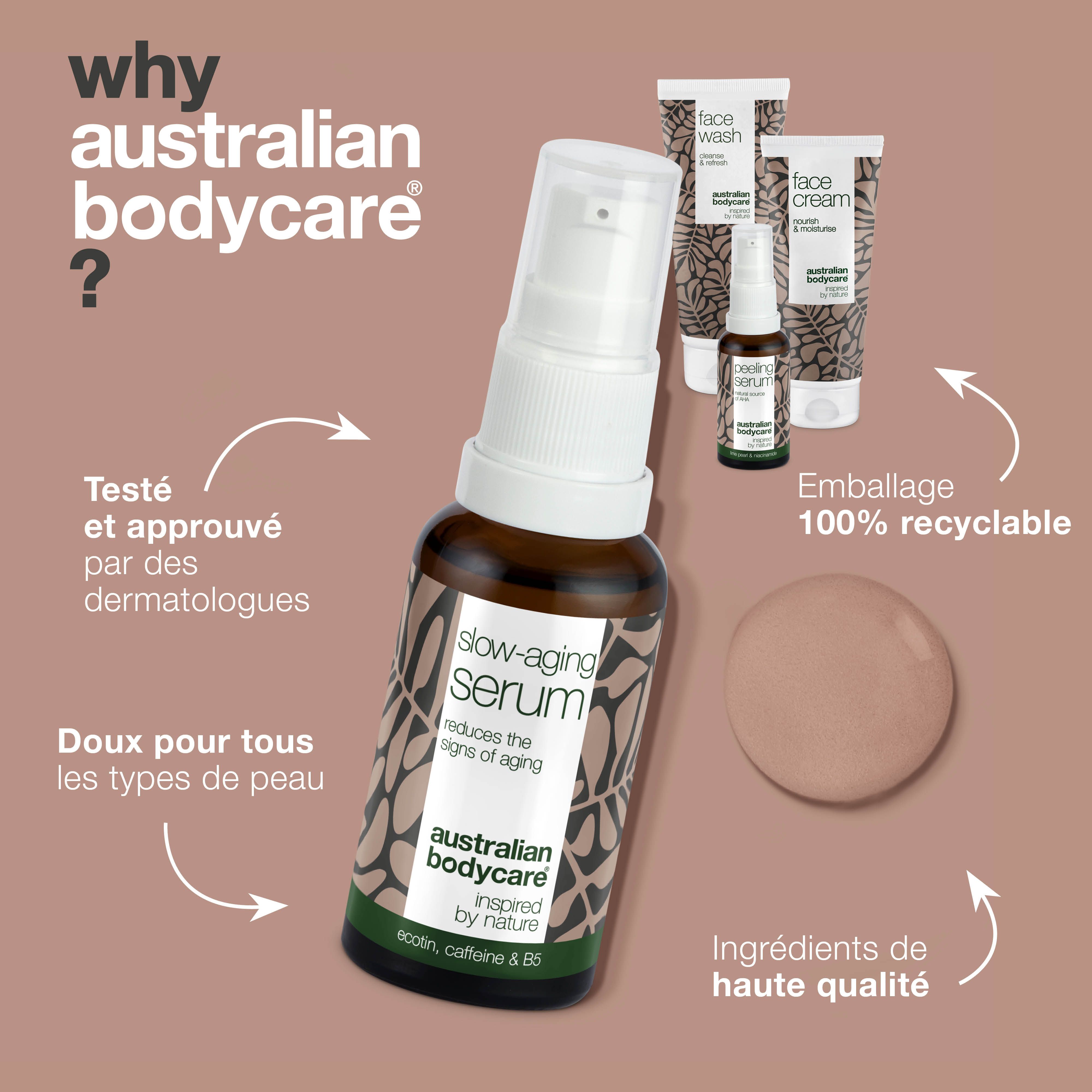 Sérum Slow-Aging en flacon brun. Testé, emballage 100% recyclable, ingrédients de haute qualité. Australian Bodycare.
