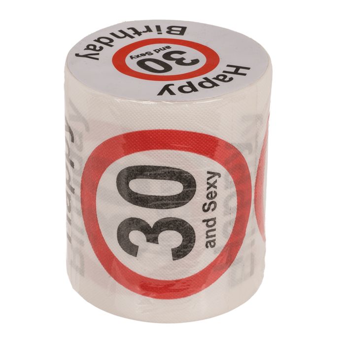 Rol toiletpapier met opdruk. Tekst: Happy Birthday, 30 and Sexy. Rode cirkel met leeftijdsindicatie.