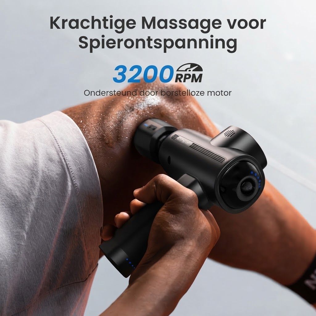 Zwart massagepistool op een arm, 3200 RPM.
