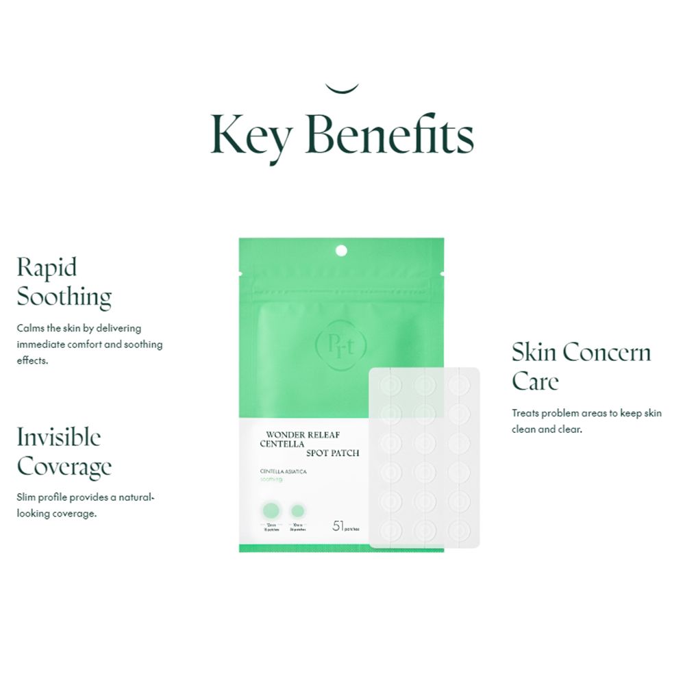 Tekst: Key Benefits. Verpakking en pleisters. Tekst: Wonder Releaf Centella Spot Patch. Tekst: Invisible Coverage, Rapid Soothing, Skin Concern Care.