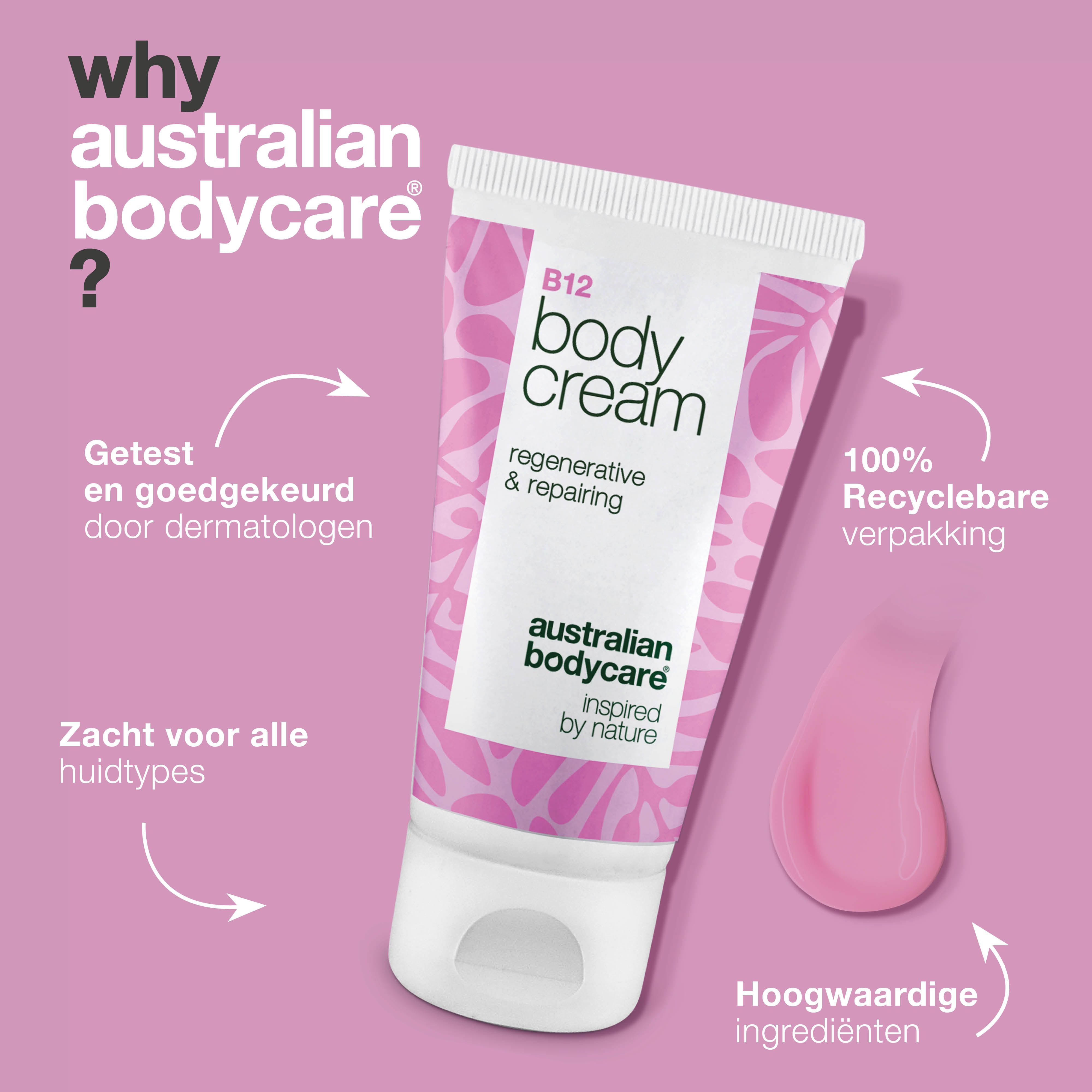 Tube B12 Body Cream met tekst: Getest en goedgekeurd door dermatologen. 100% recyclebare verpakking. Hoogwaardige ingrediënten.