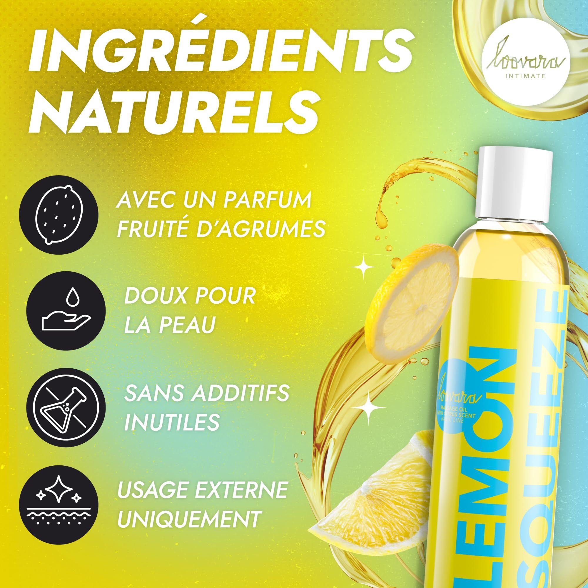 Bouteille d'huile de massage Loovara Lemon Squeeze avec icônes d'ingrédients naturels.
