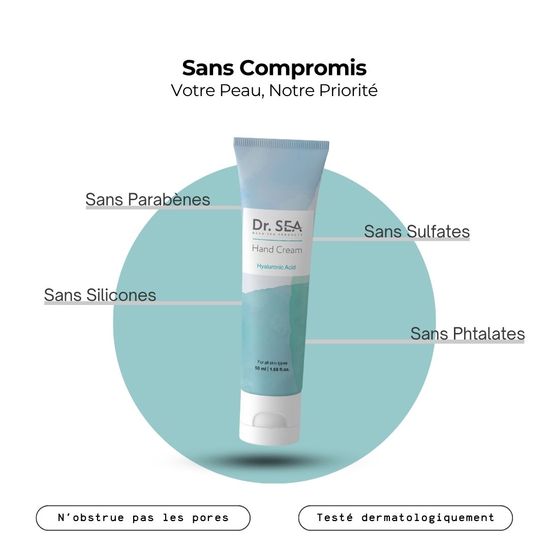 Tube de crème pour les mains avec texte. Texte : Sans Compromis, Votre Peau, Notre Priorité. Fond bleu clair. Testé dermatologiquement.