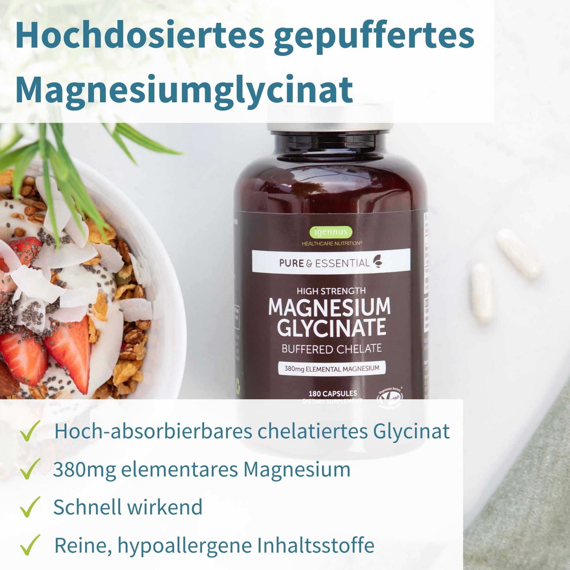 Igennus Magnesium Bisglycinate, Haute Dose et Absorption 4 fois Supérieur, Glycinate, Pur