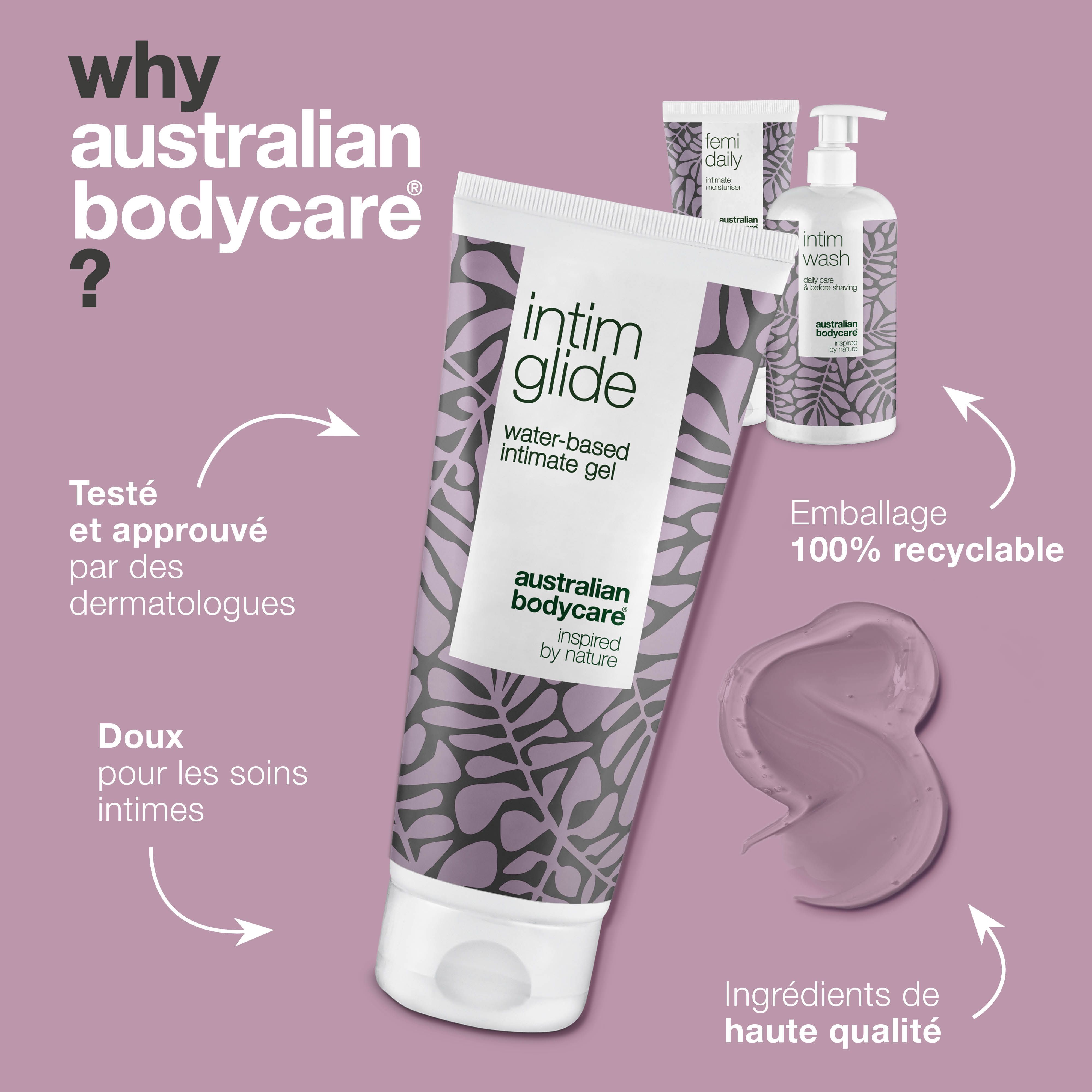 Intim Glide, Intim Wash et Femi Daily. Texte : Testé, emballage 100% recyclable, ingrédients de haute qualité.