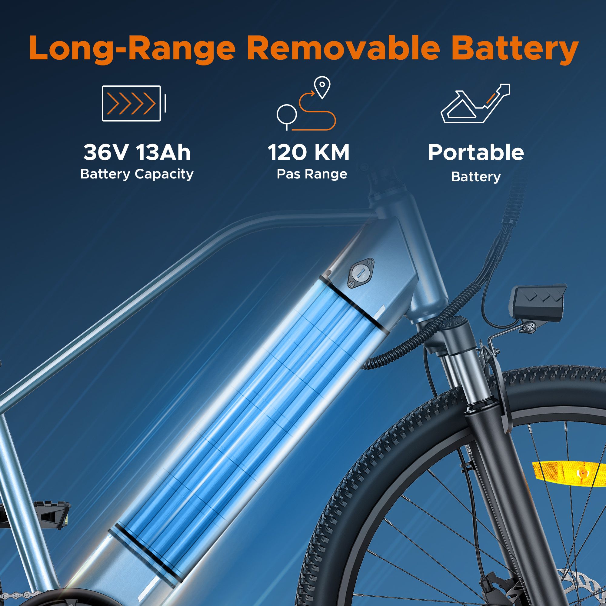 E-bike met uitneembare batterij. 36V 13Ah batterijcapaciteit, 120 km bereik. Draagbare batterij.