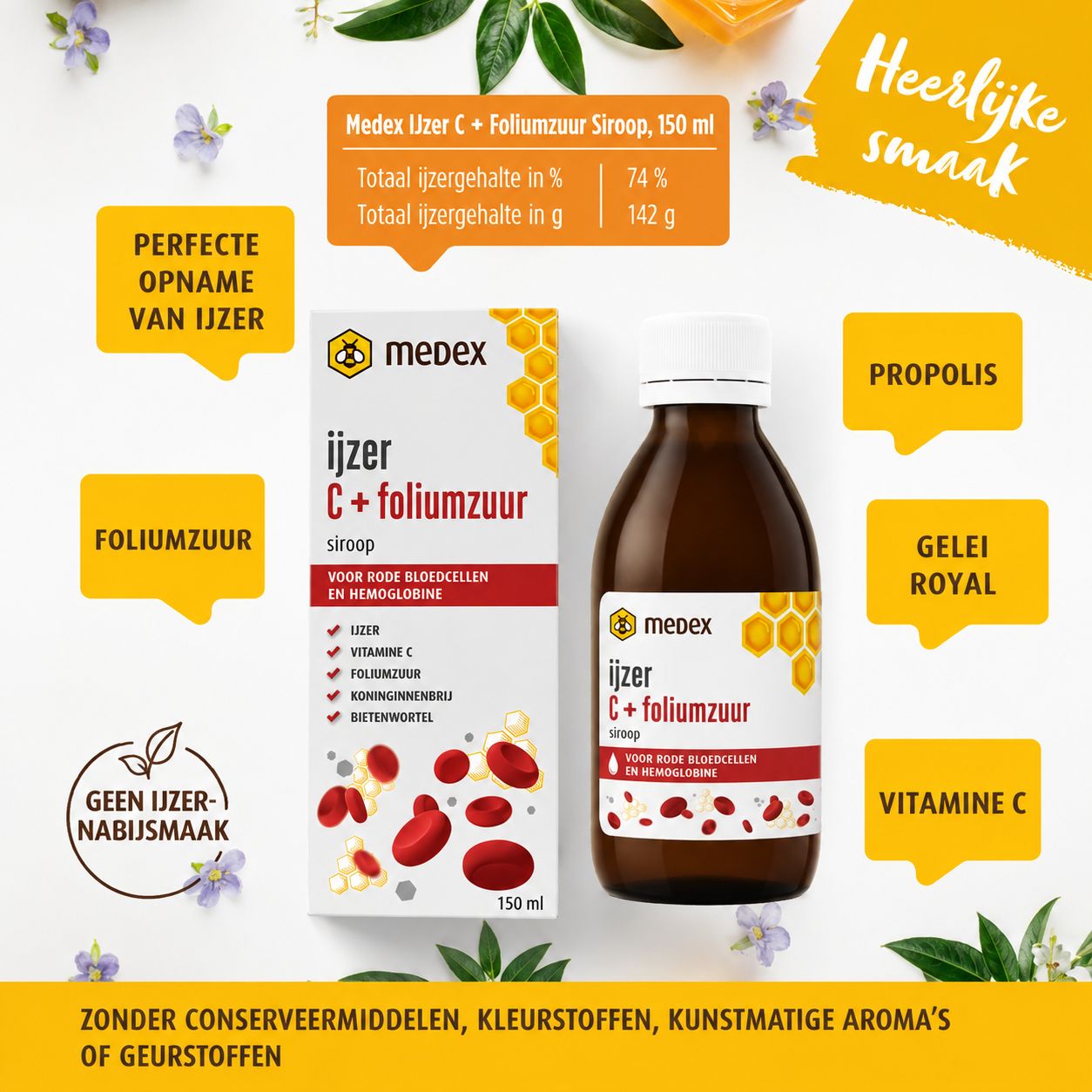Medex IJzer C + Foliumzuur Siroop: Fles en doos van het product met iconen voor propolis, koninginnengelei en vitamine C. Nadruk op ijzeropname en foliumzuur.