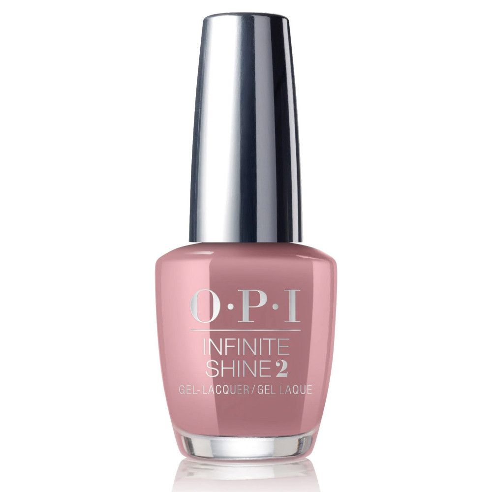 Un flacon de vernis à ongles avec un bouchon argenté. OPI Infinite Shine 2 est écrit sur le flacon.