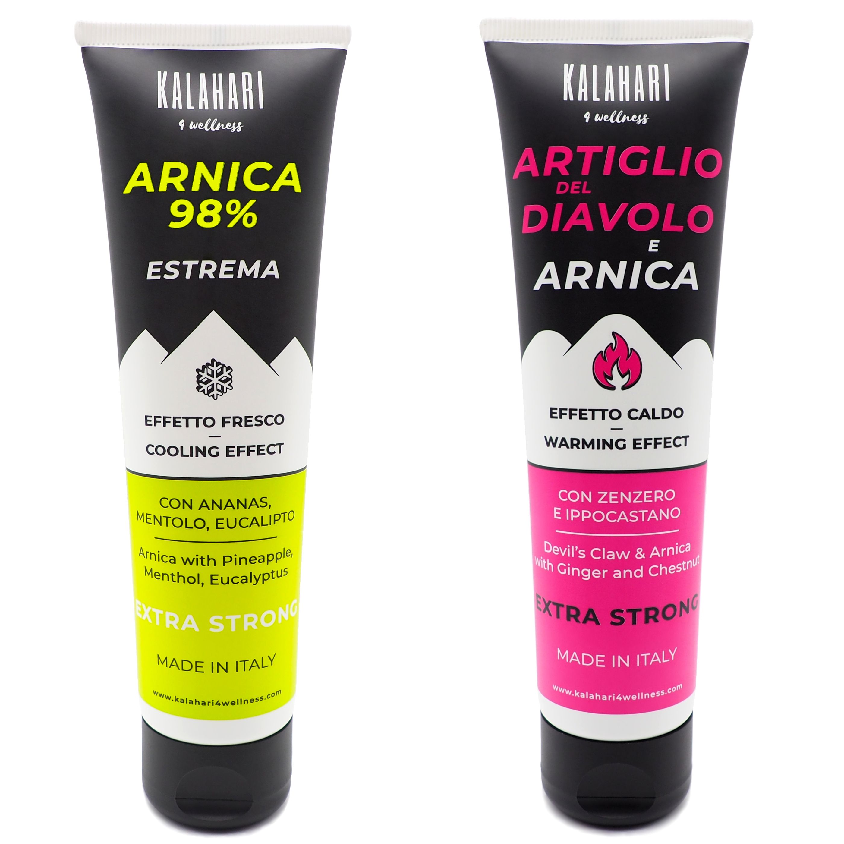 Twee Kalahari tubes: Arnica 98% (koelend) en Duivelsklauw + Arnica (verwarmend).