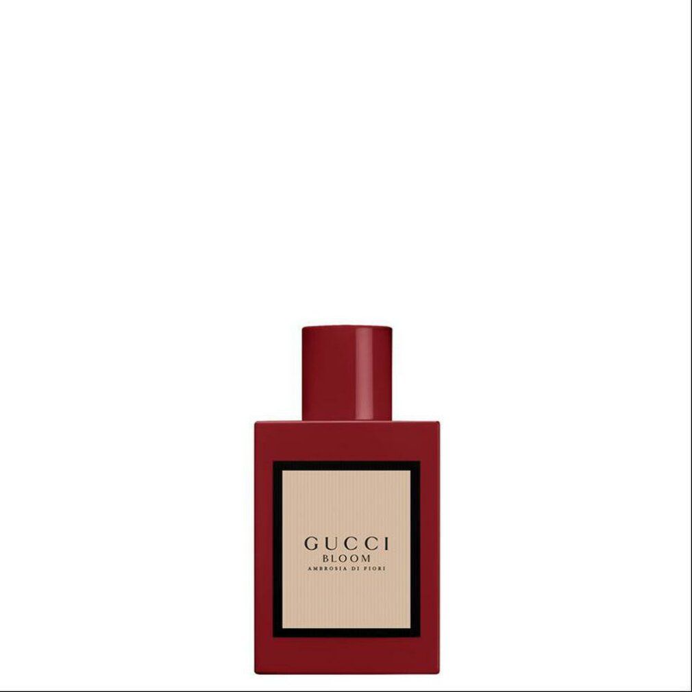 Rode vierkante flacon. Opschrift: Gucci Bloom Ambrosia di Fiori. Rode dop.