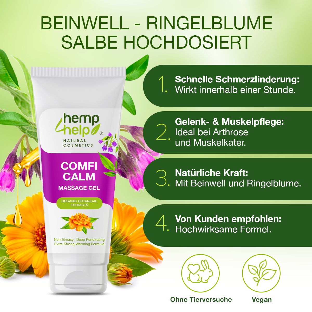 Witte tube met productnaam en tekst. Tekst: Snelle pijnverlichting, gewrichtsverzorging, natuurlijke kracht. Logo's: Vegan, dierproefvrij.