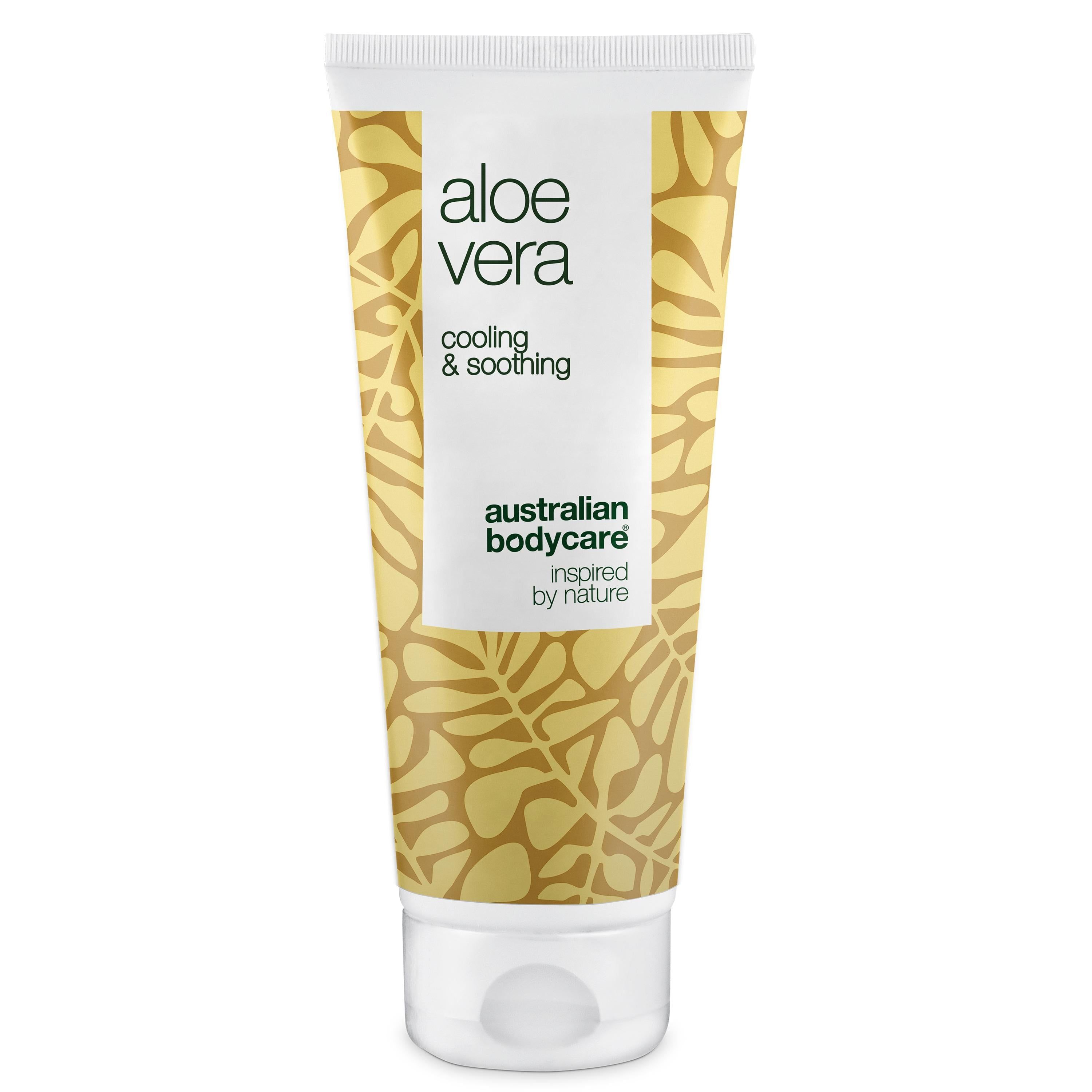 Wit-gele tube met aloë vera gel. Tekst: Aloe Vera, cooling & soothing, Australian Bodycare.