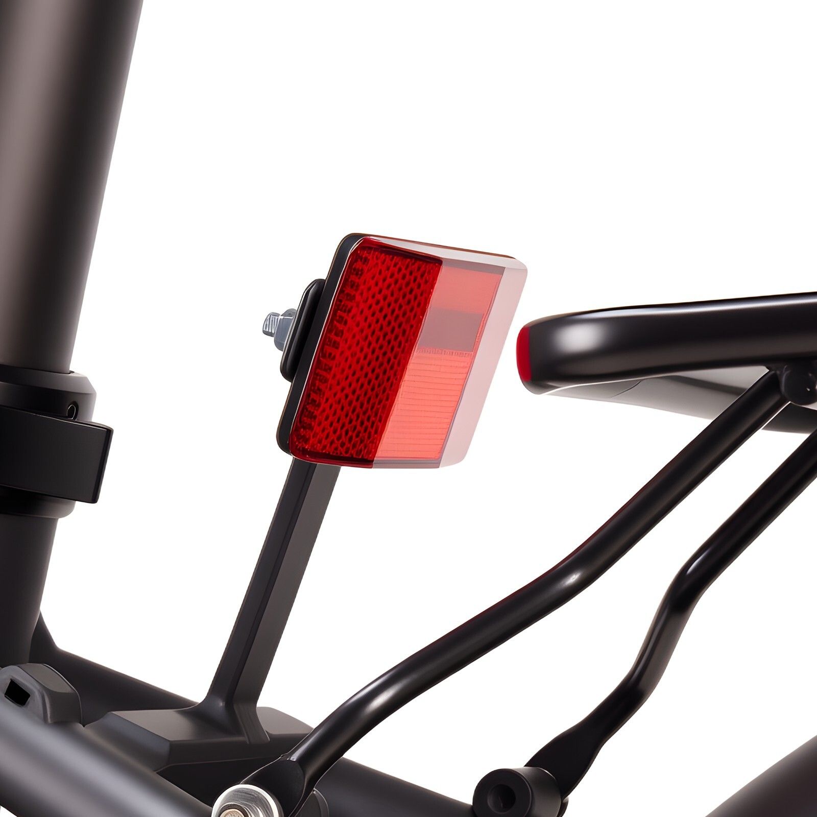Feu arrière rouge sur un vélo noir. Forme rectangulaire. Réflecteur.