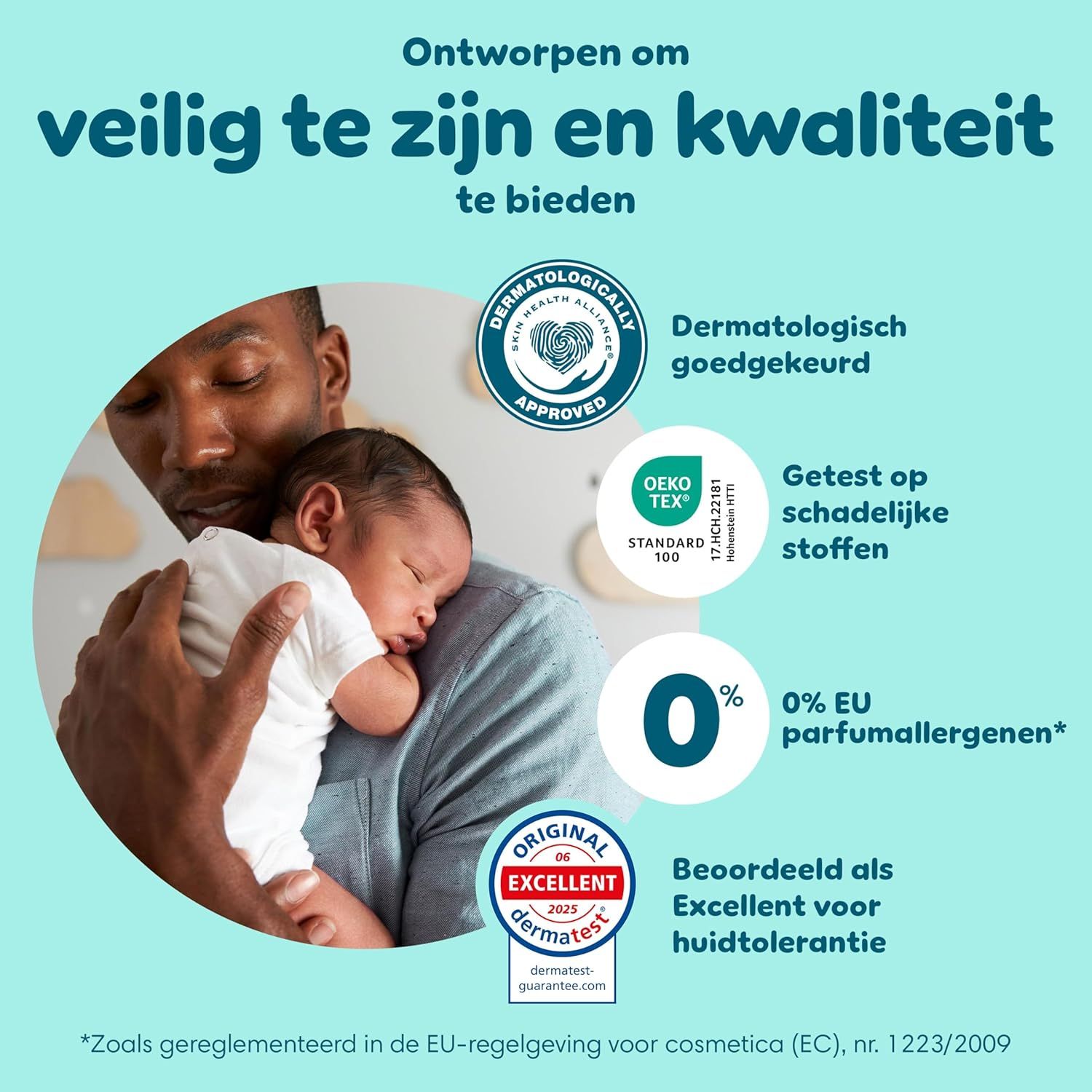 Baby met Pampers luier. Dubbele bescherming. Directe absorptie. "Stop & Schutz" functie.