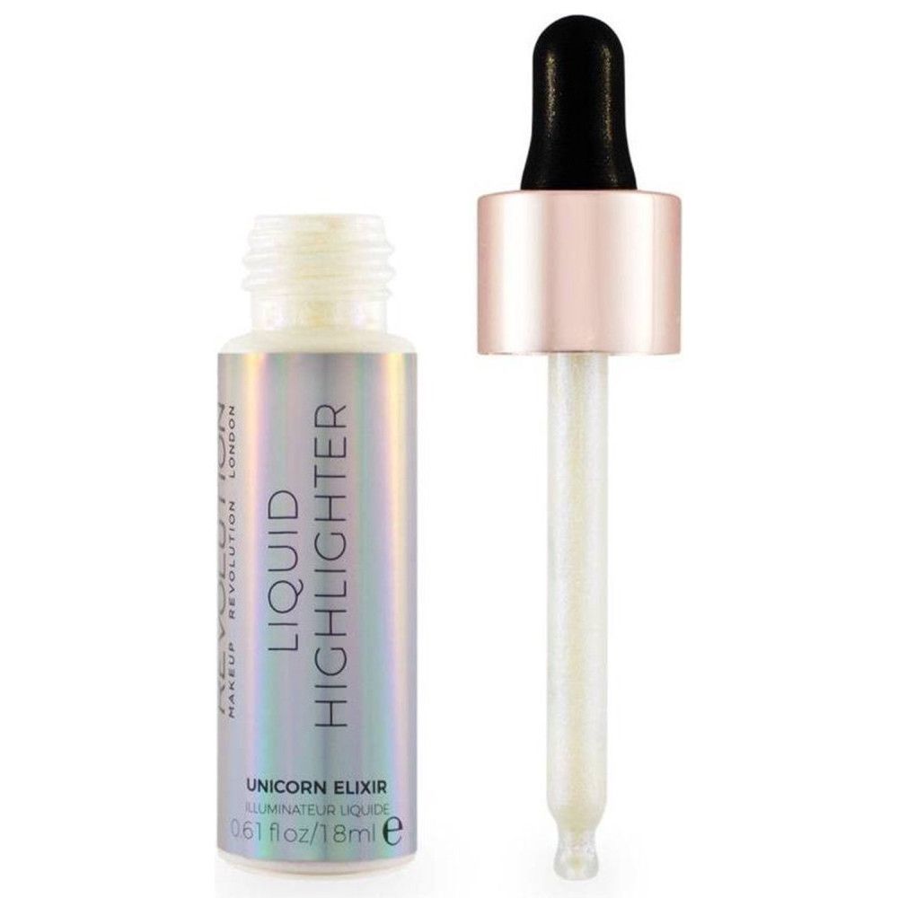 Vloeibare highlighter in glazen fles met pipet. Opschrift: Liquid Highlighter, Unicorn Elixir, 18ml. Merk: Makeup Revolution.