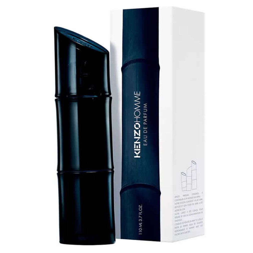 Flacon bleu foncé et emballage. L'emballage porte la mention KENZO HOMME Eau de Parfum.