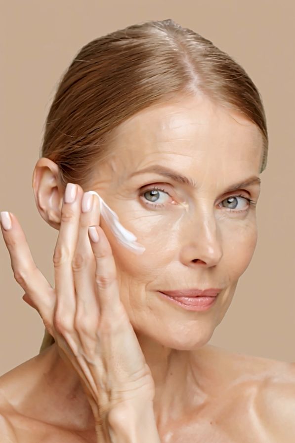 Vrouw brengt crème aan op haar gezicht. Lichte huid, blond haar, beige achtergrond.