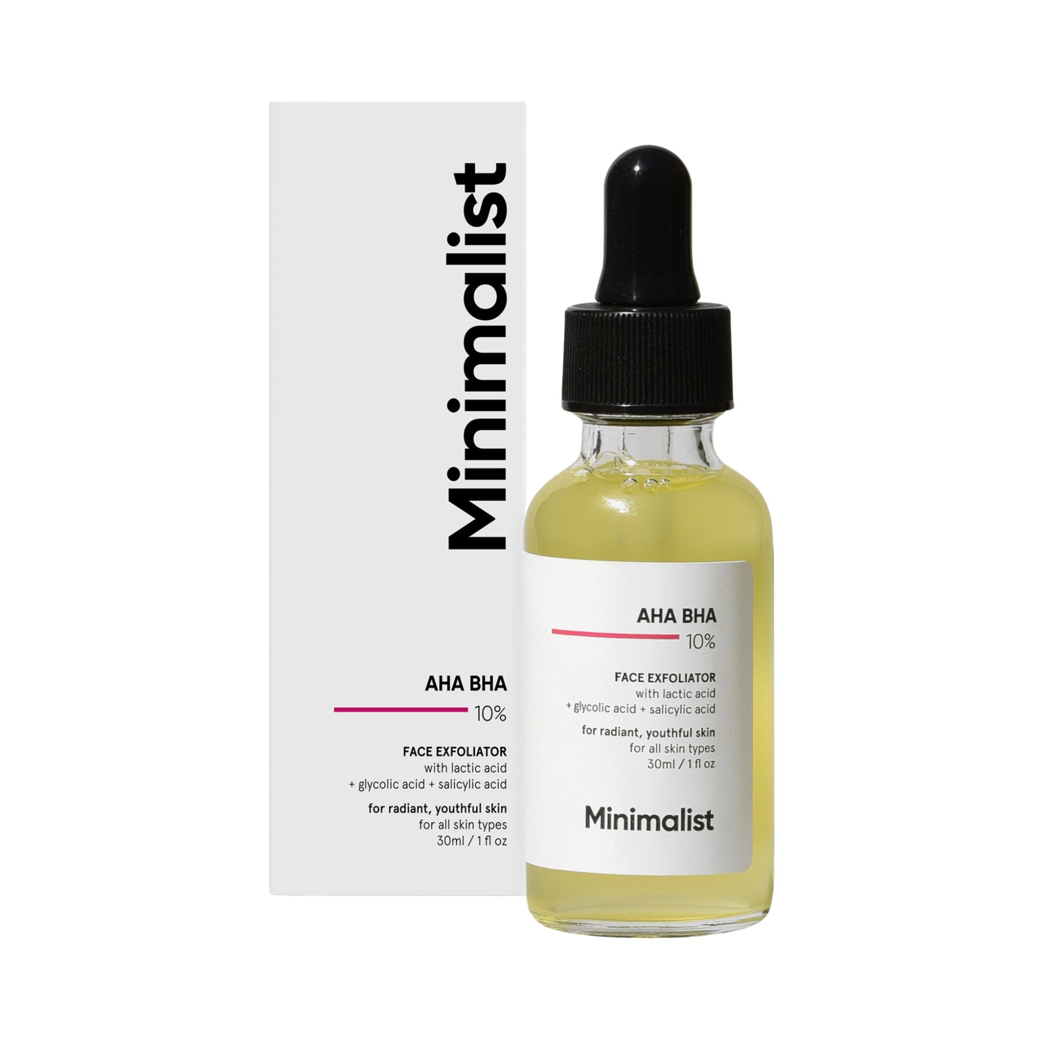 Flacon de sérum avec pipette et emballage. Inscription : AHA BHA 10%, Minimalist. Contient de l'acide lactique et salicylique.