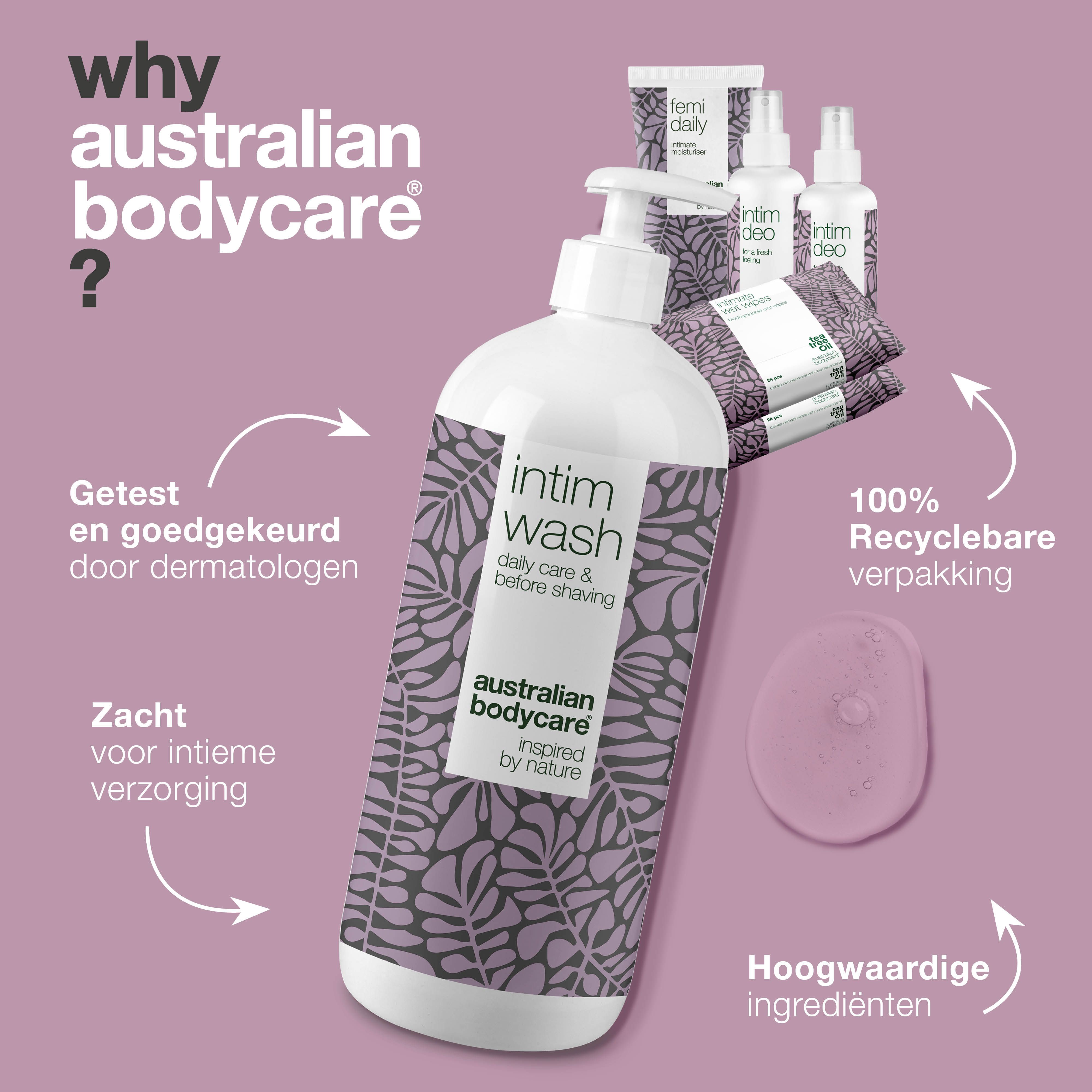 Productset met intieme verzorgingsproducten. Tekst: 'Australian Bodycare' en voordelen voor intieme verzorging.