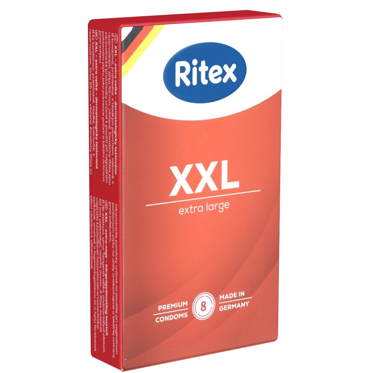 Boîte de préservatifs Ritex XXL. Inscription "XXL extra large". Contient 8 préservatifs. Fabriqué en Allemagne.