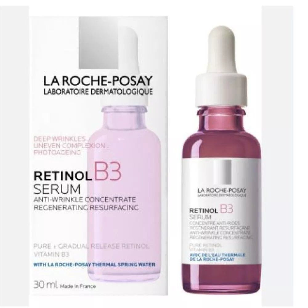 Trois produits La Roche-Posay. Orange, bleu et rouge.