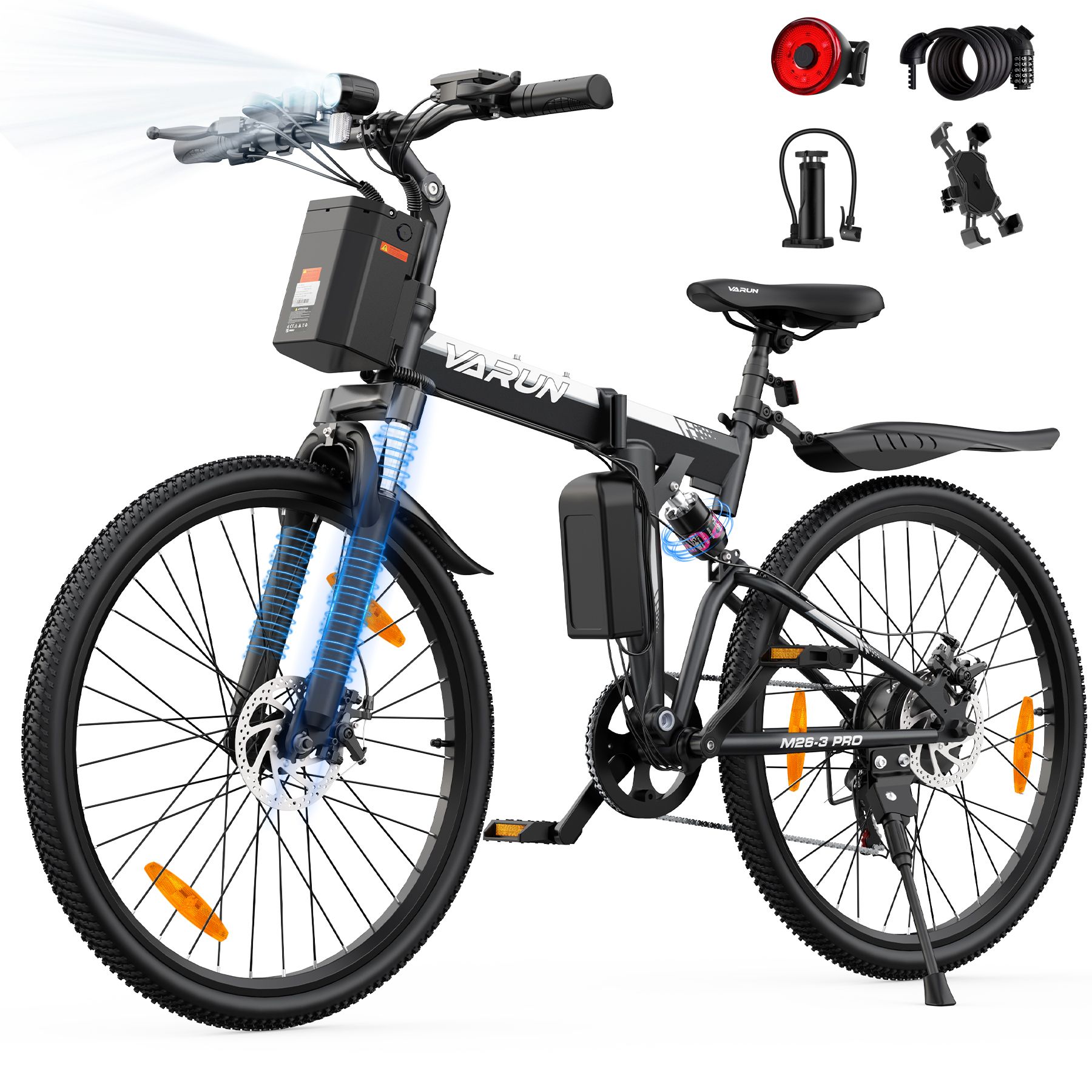 Vélo pliant noir avec batterie, logo VARUN. Accessoires: feu arrière, antivol spirale, pompe, support téléphone. Phare.