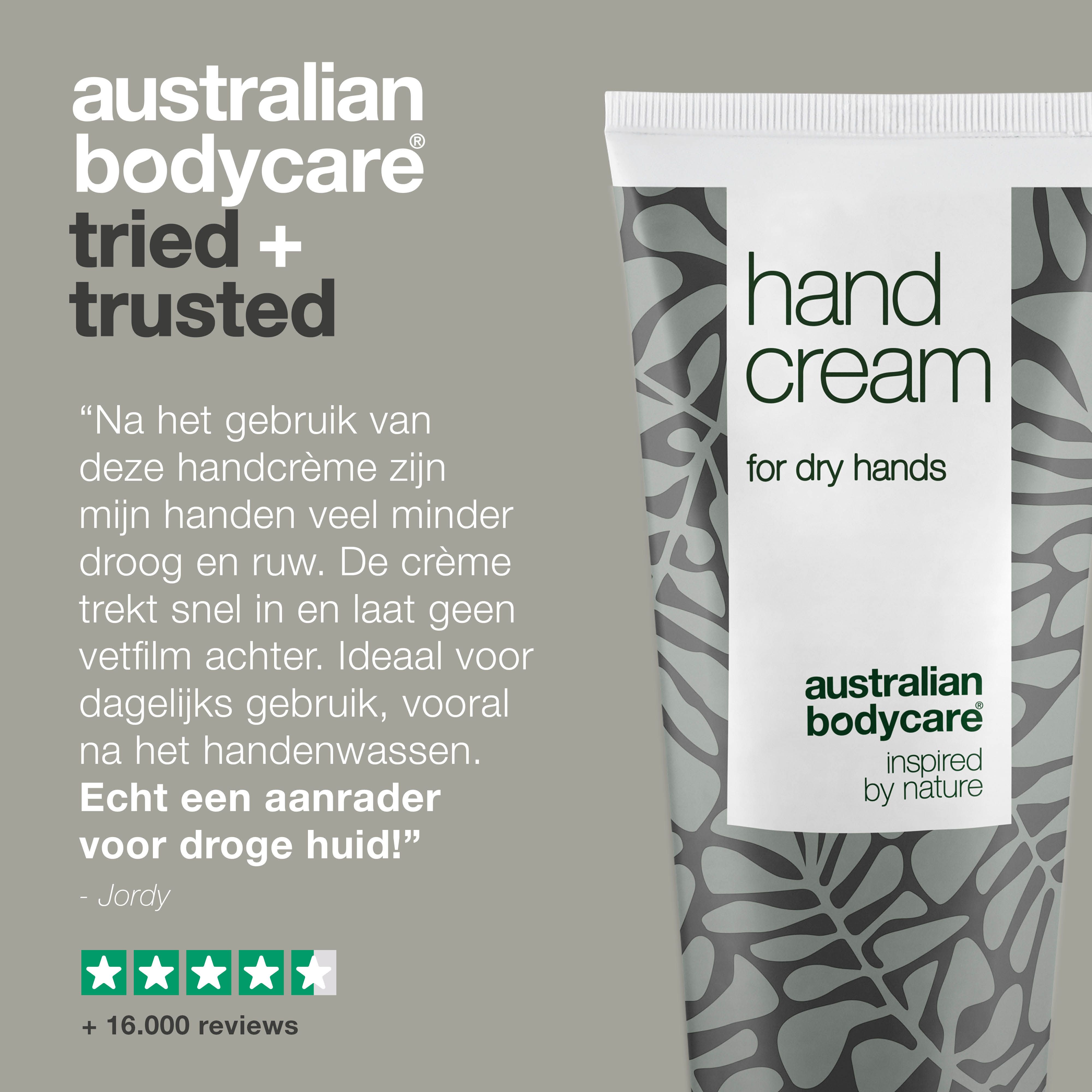 Handcrèmetube en tekst. Opschrift: Hand Cream, Australian Bodycare.