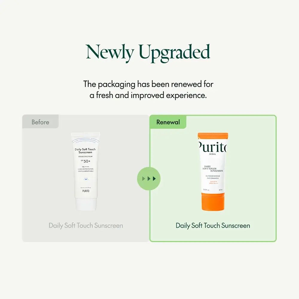 Vergelijking van zonnecrèmeverpakkingen. Links: oude verpakking. Rechts: nieuwe verpakking. Product: PURITO.