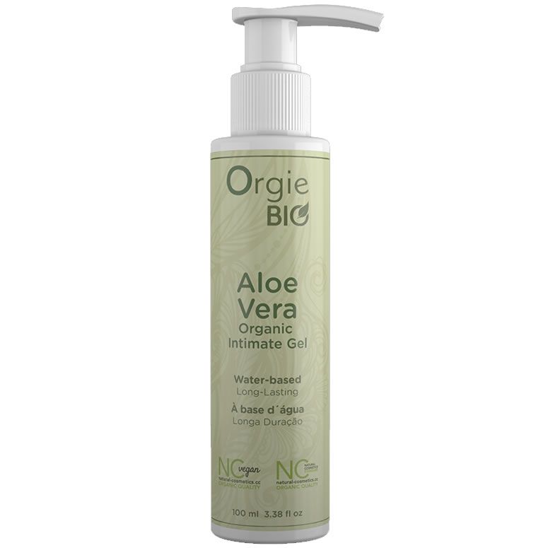 Fles met pomp. Opschrift: Orgie BIO Aloe Vera Organic Intimate Gel. Op waterbasis, langdurig.