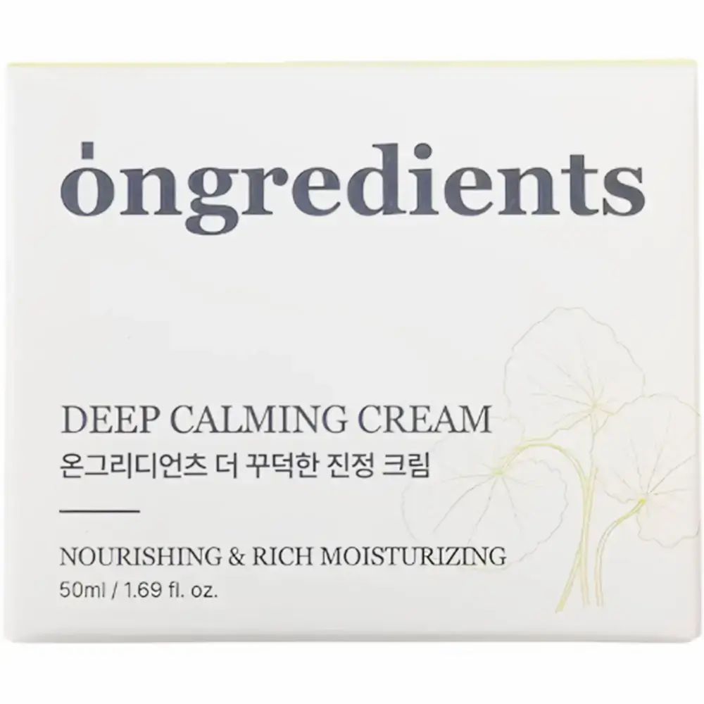 Witte verpakking met opschrift: Ongredients, Deep Calming Cream, Koreaanse tekst, Nourishing & Rich Moisturizing. 50ml. Plantillustratie.
