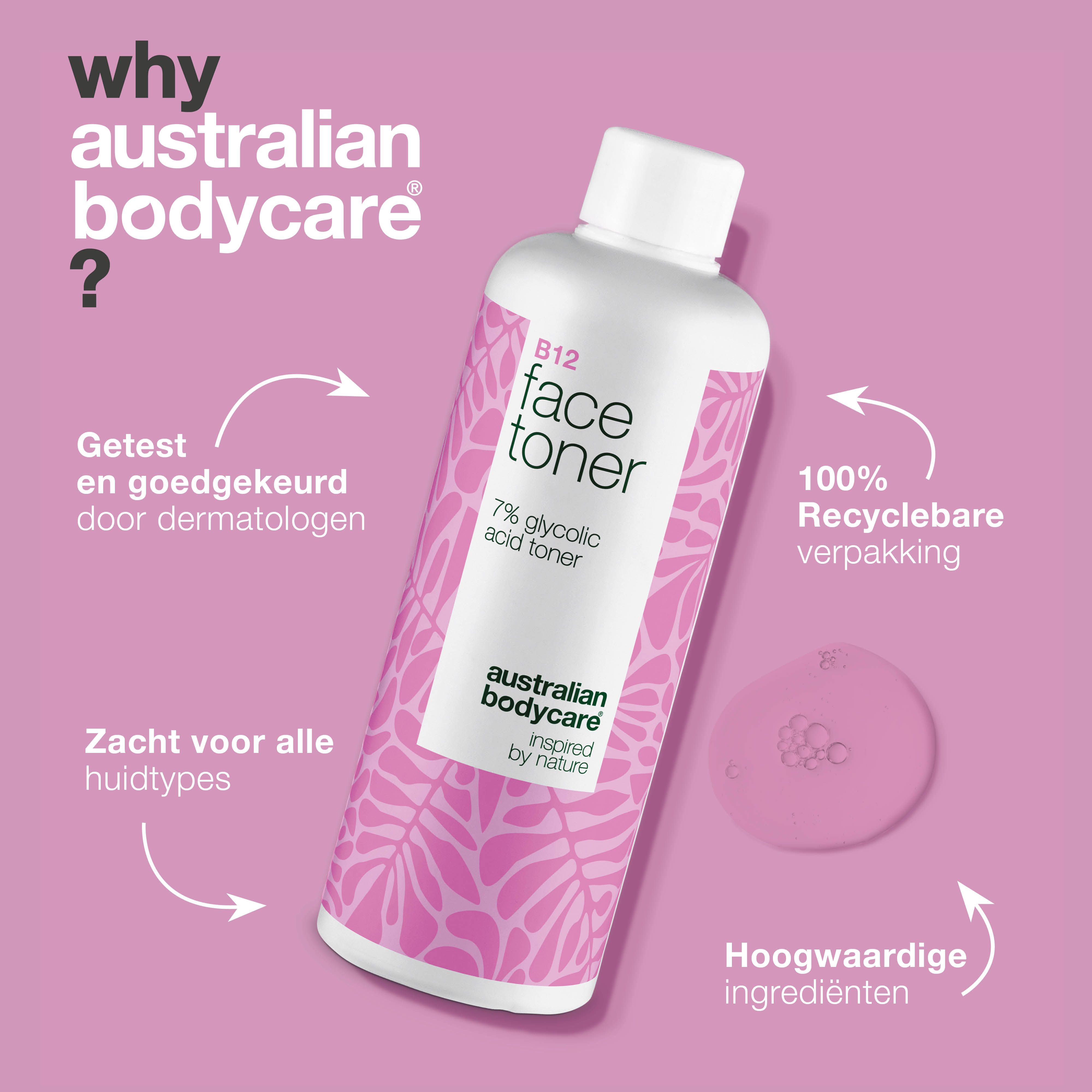 Fles B12 Face Toner. Tekst: Waarom Australian Bodycare? Tekst: Getest, 100% recyclebare verpakking.