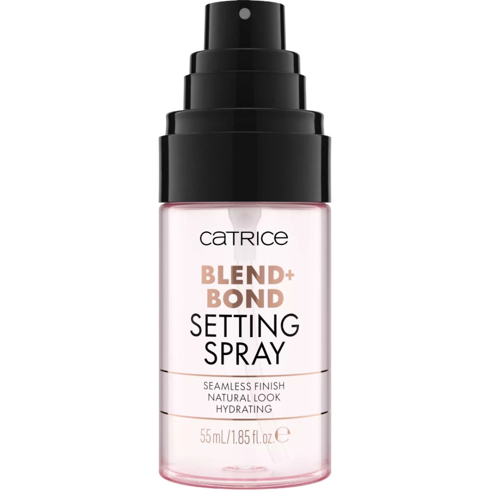 Flacon de spray avec tête noire et flacon transparent. Inscription : Catrice Blend + Bond Setting Spray. 55 ml.