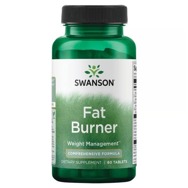 Groene tablettenfles met zwarte dop. Opschrift: SWANSON, Fat Burner, Weight Management, 60 tabletten.