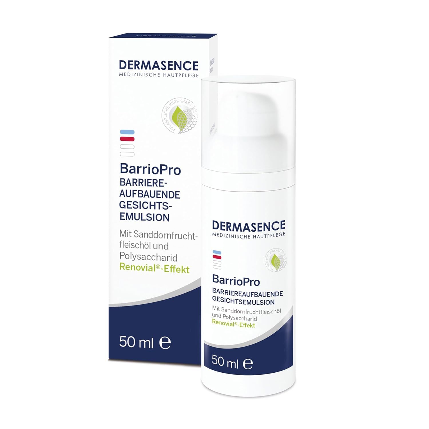 Flacon et emballage du produit. Nom du produit BarrioPro. 50 ml. Logo et texte. Pulpe d'argousier et polysaccharide.