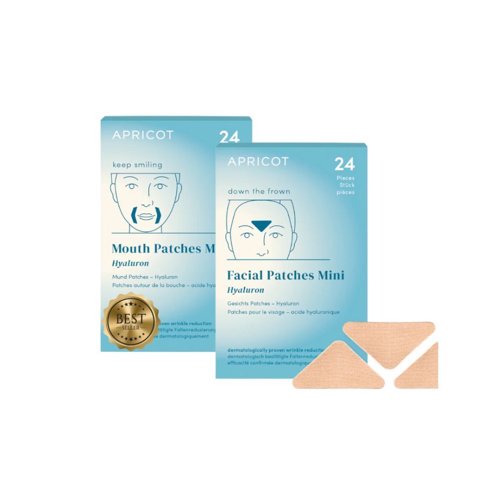 Twee verpakkingen APRICOT anti-aging minipads. Eén voor mond, één voor gezicht. Zes pads.