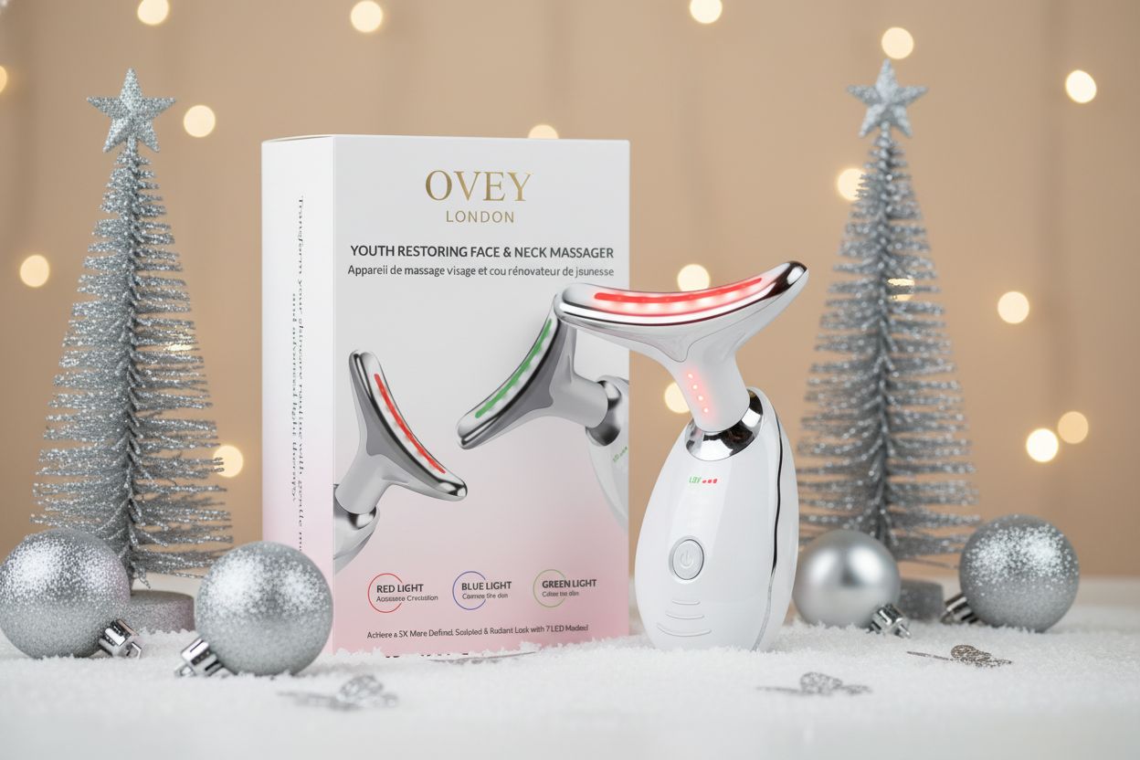 Produit avec emballage et décorations de Noël. Appareil avec tête incurvée, affichage LED. Emballage avec image du produit.