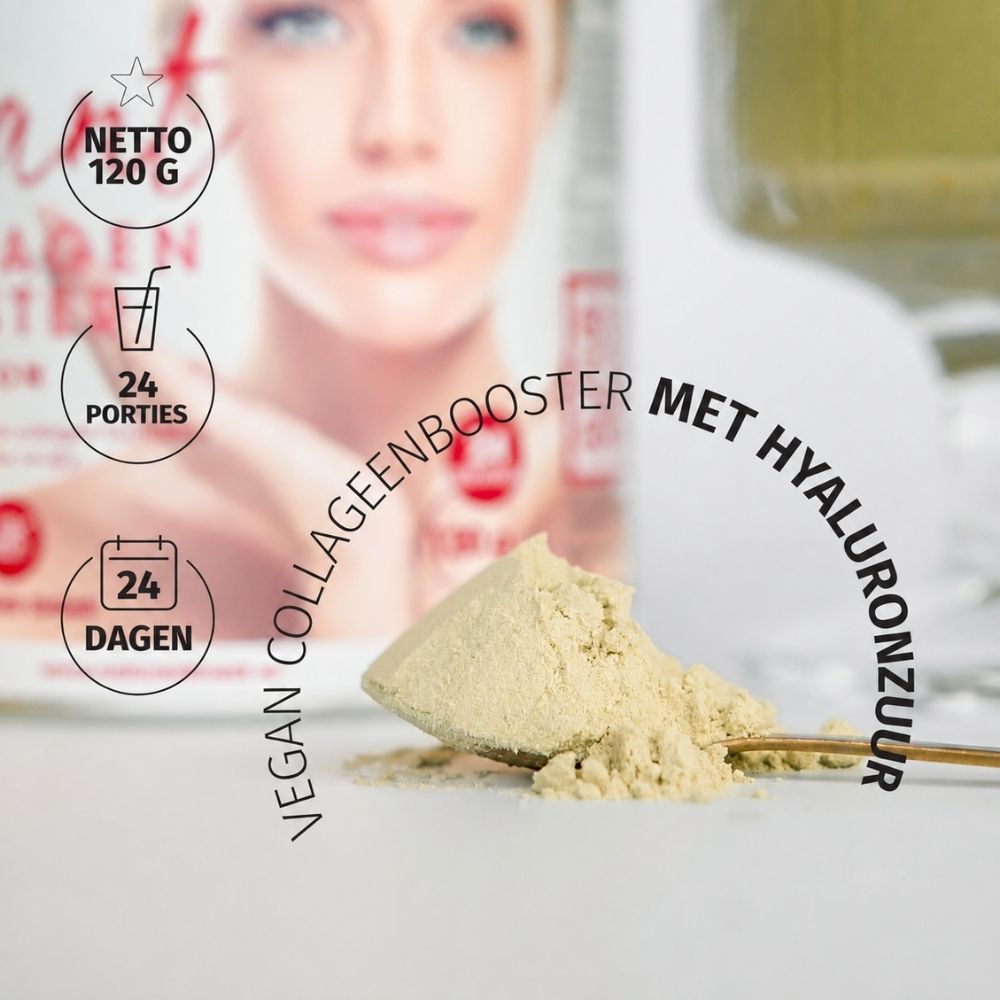 Blik Pink Collagen, glas Pink Latte, lepel met poeder, kokosstukjes.