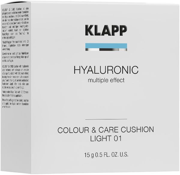 Klapp Hyaluronic Multiple Effect Color & Care Cushion. Witte verpakking met productnaam en details. Light 01.