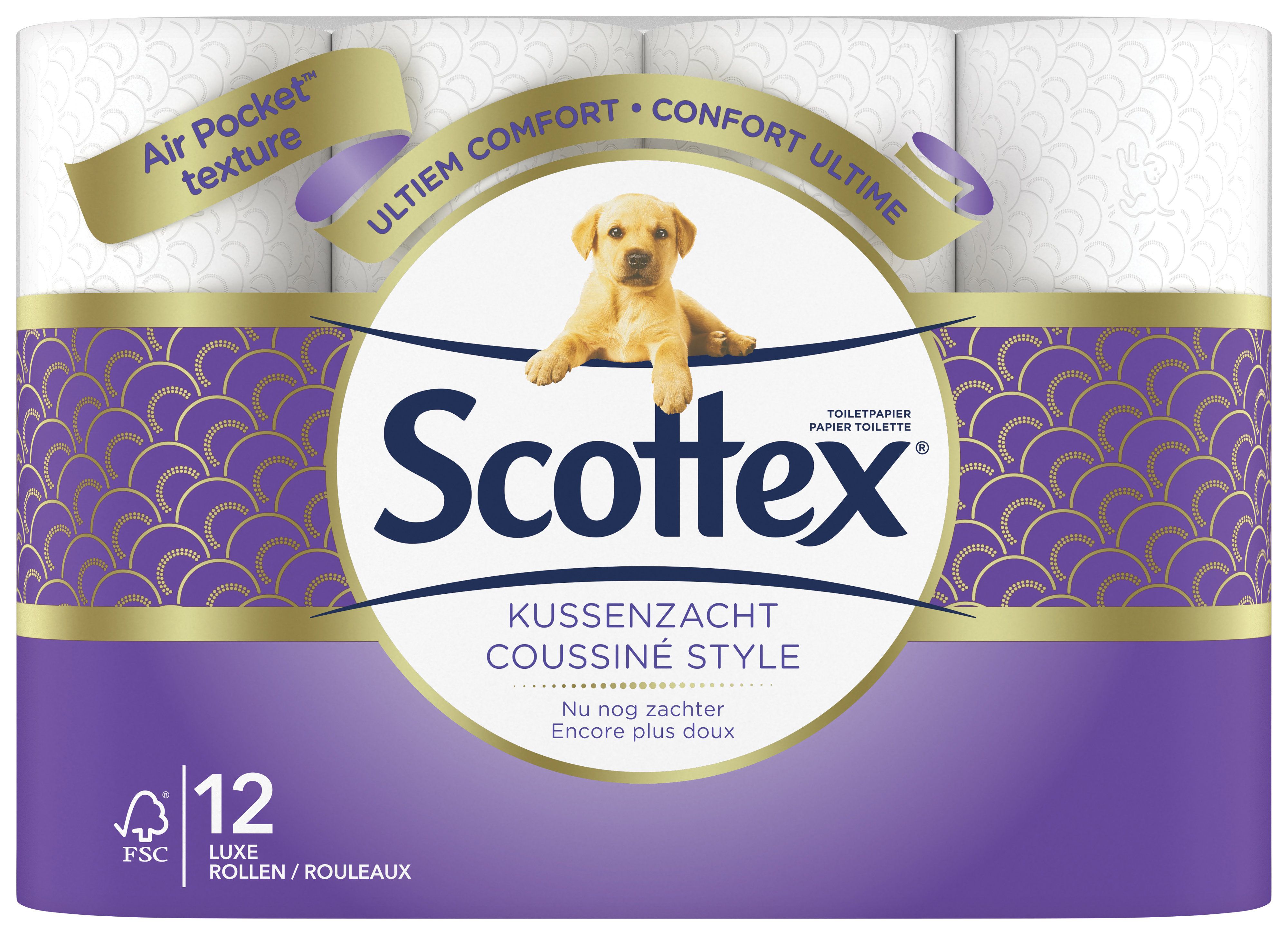 Paquet de papier toilette Scottex, 12 rouleaux. Emballage violet avec logo, illustration de chiot et texte.