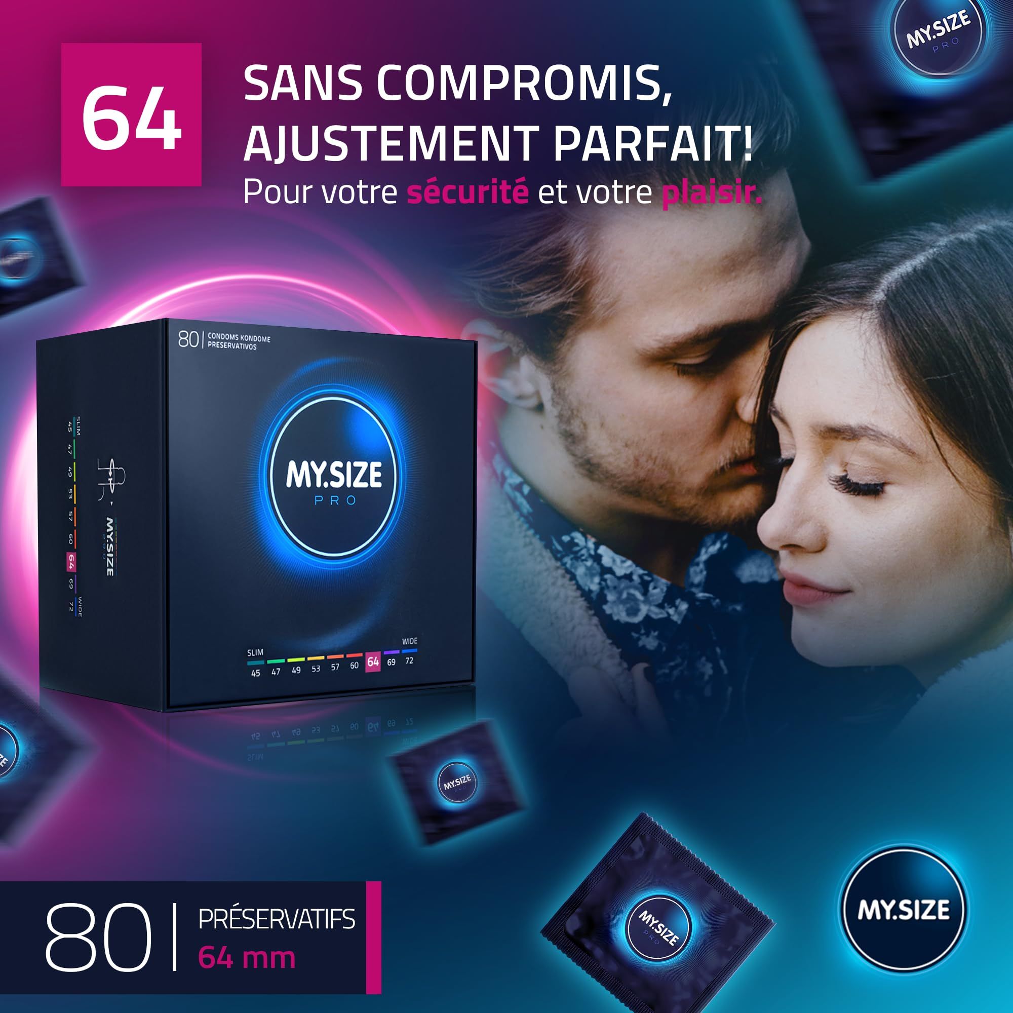 Boîte de préservatifs My.Size PRO 64mm, 80 pièces. Bleu foncé avec cercle lumineux.