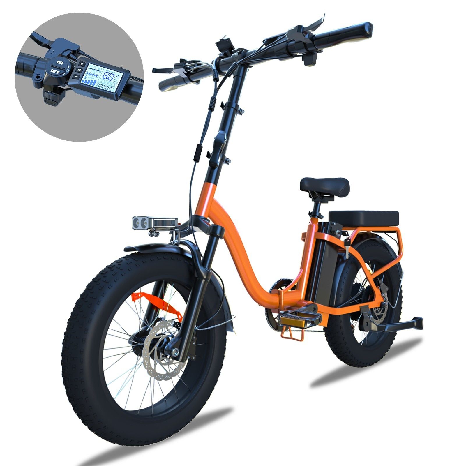 Vélo électrique pliable orange, pneus noirs. Détail du guidon avec écran.