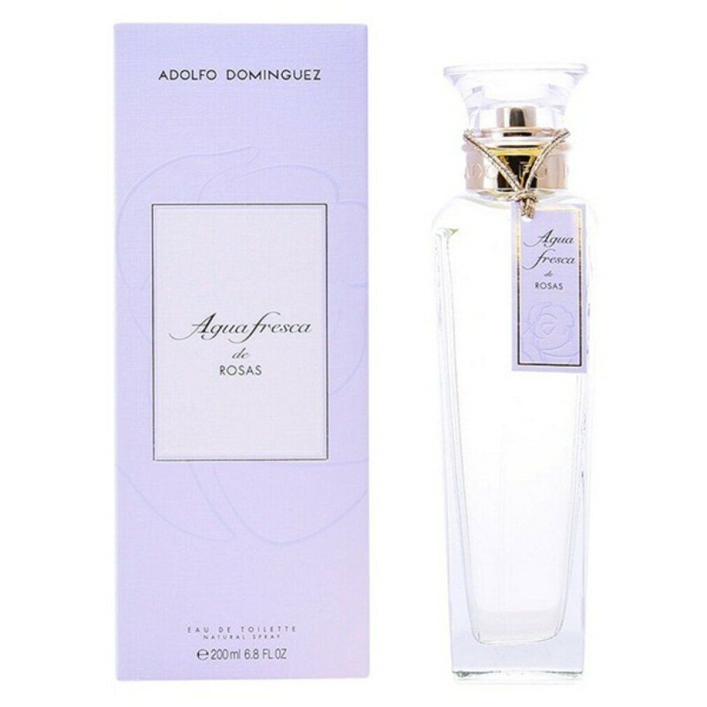 Adolfo Dominguez Agua Fresca de Rosas Eau de Toilette Spray. Flacon et emballage violets clairs. Étiquette avec nom du produit.