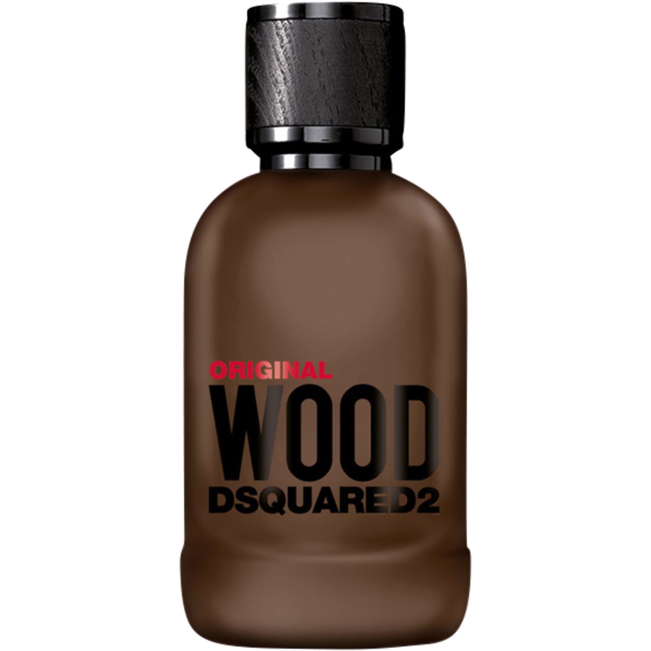 Bruine fles met zwarte dop. Opschrift: Original Wood Dsquared2.