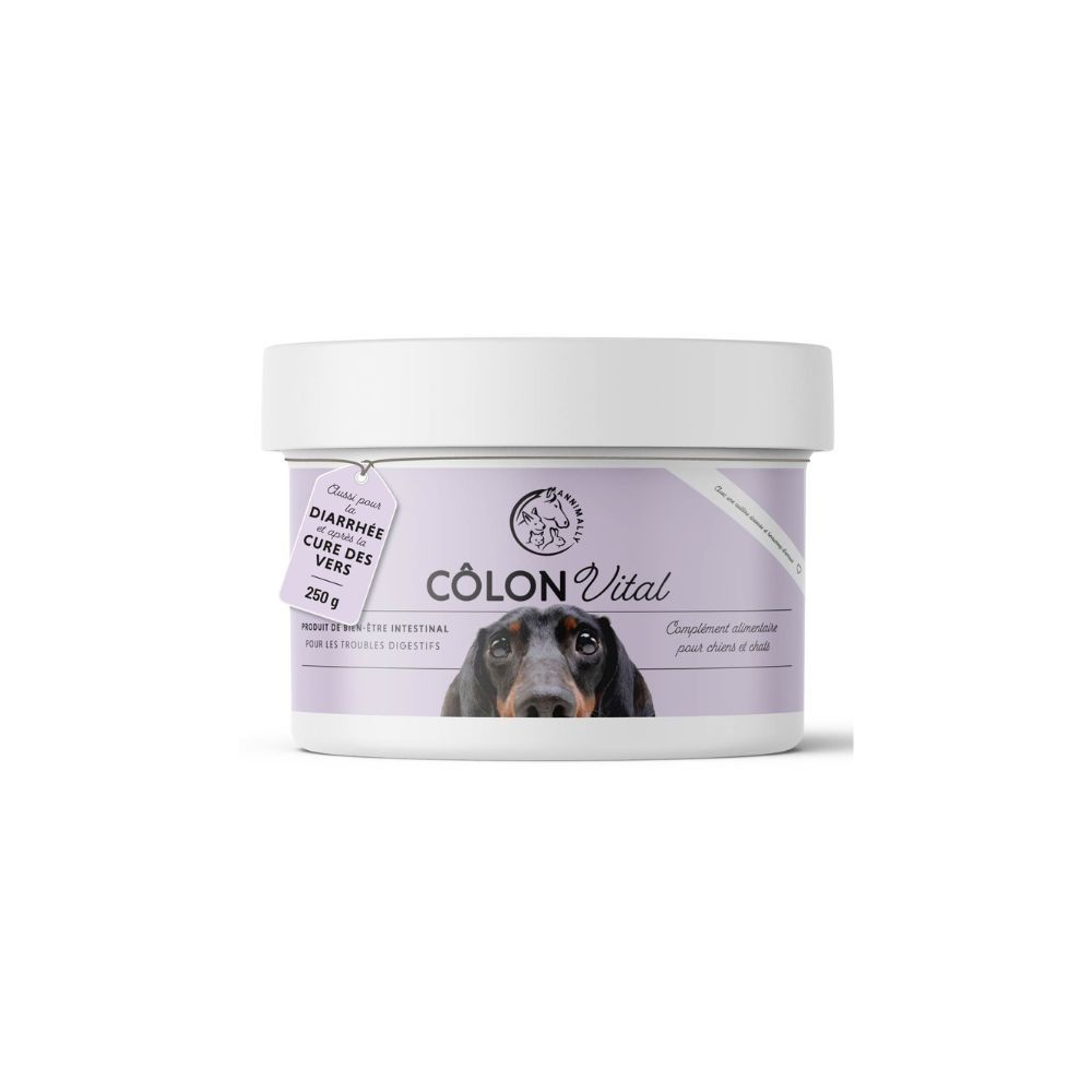 Pot blanc. Inscription: COLON Vital. Contient 250g. Pour chiens. Texte: Diarrhée Cure des vers.