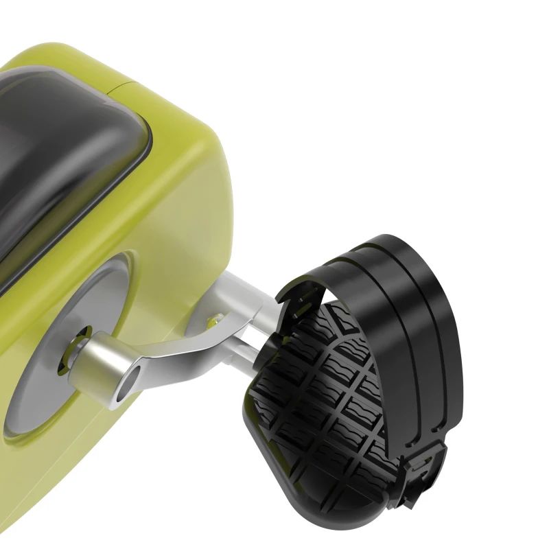 Close-up van pedaal. Zwart pedaal met riem. Gele behuizing. Metalen arm.