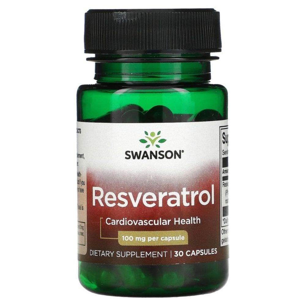 Groene fles met SWANSON Resveratrol capsules, 100 mg per capsule, voor cardiovasculaire gezondheid.