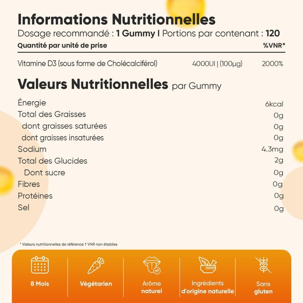 Informations nutritionnelles par gomme. Texte: 6kcal, 2g de sucre, 4,3mg de sodium. Contient 120 portions.